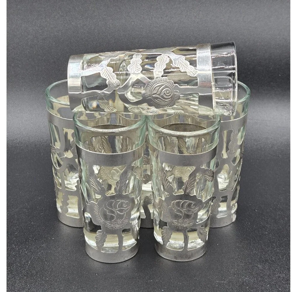 Set of 6 MZ 01 925 silver  overlay roses wrapped long shot glasses - Picture 4 of 7